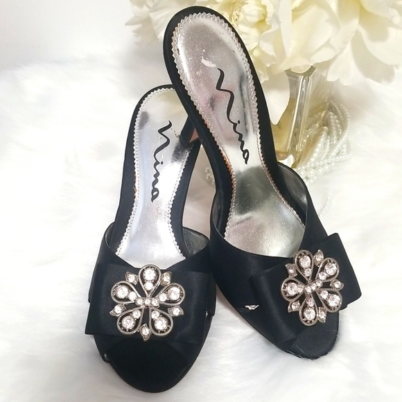 Nina Black Slide Heel Sandals with Rhinestones  Genuine Leather Sole - Picture 1 of 8